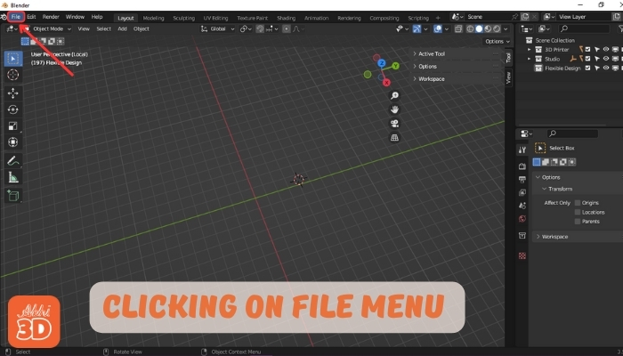 Clicking on File menu in Blender for 3D printing